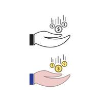 mão dinheiro dólar logotipo ícone ilustração colorida e esboço vetor