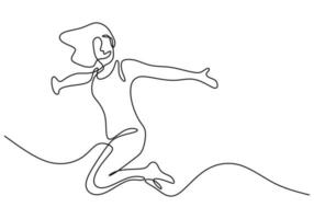 desenho de linha contínua de pular mulher feliz. jovem atraente salto parece feliz e liberdade isolada no fundo branco. realização e sonho de conceito de sucesso. ilustração de desenho vetorial