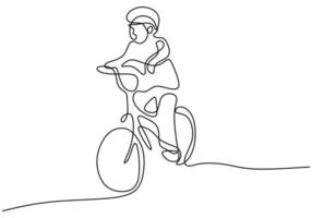 criança contínua única desenhada de uma linha em uma bicicleta. garotinho andando de bicicleta em um parque público, isolado no fundo branco. personagem feliz infância silhueta de imagens desenhadas à mão vetor