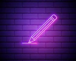 símbolo de lápis simples. estilo neon. ícone de decoração de luz. símbolo elétrico brilhante isolado na parede de tijolos vetor