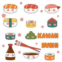 fofa sem fim padronizar com Sushi, rolos e gunkans. kawaii enfeite com tradicional japonês Comida. ásia cozinha. estoque vetor ilustração.