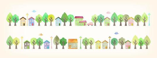 árvores e casas decoração, mão desenhado aguarela ilustração -vetor vetor