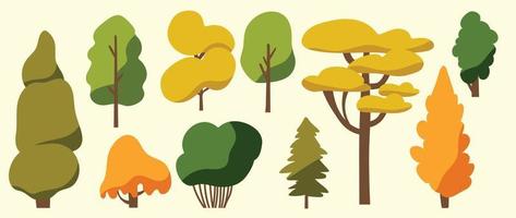 conjunto do desenho animado árvores vetor. simples moderno estilo plano floresta, selva, pinho árvores, fofa mão desenhado decíduo plantas. Projeto ilustração para agrícola jardim, natureza parque, quadrinho paisagem, jogo. vetor