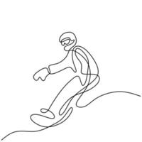 um desenho de linha contínua de jovem desportivo snowboarder andando de snowboard na montanha de neve em pó isolada no fundo branco. conceito de esporte de estilo de vida de inverno. ilustração vetorial vetor