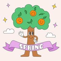 vintage Primavera poster. retro desenho animado árvore personagem com laranjas. abstrato ilustração do plantas com rostos. vetor