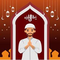 ilustração do uma masculino personagem desejando ele uma feliz Ramadã com uma mesquita porta e estrelas dentro a fundo vetor