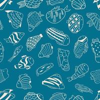 vetor rabisco ilustração desatado padronizar. desenho animado peixe em uma azul fundo do diferente formas, com padrões. fundo decoração, adesivos.