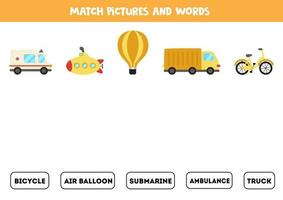 combinando transporte e as palavras. jogo educativo para crianças. vetor
