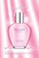 frasco de perfume elegante para mulheres com fundo de seda rosa vetor