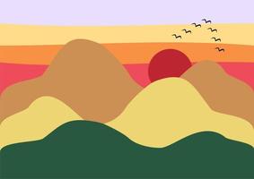japonês montanhas e luz solar com pássaros. colorida panorama. vetor