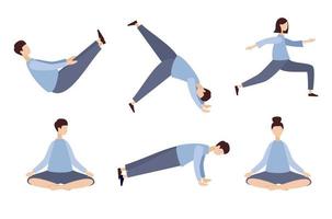 conjunto do poses ioga. pessoas fazendo ioga e ginástica exercícios. exercite-se conceito. saudável estilo de vida. vetor plano ilustração