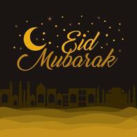 estrelas da lua de ouro eid mubarak e desenho vetorial de cidade vetor