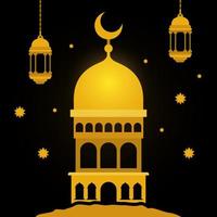 Templo de ouro eid mubarak com lanternas de cabide de lua e desenho vetorial de estrelas vetor