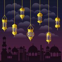 eid mubarak, lanternas de ouro, nuvens e edifícios da cidade, desenho vetorial vetor