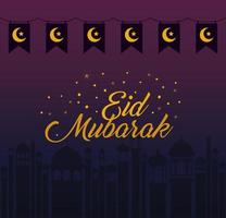 eid mubarak luas e estrelas estandarte galhardete com desenho de vetor de silhueta de edifícios