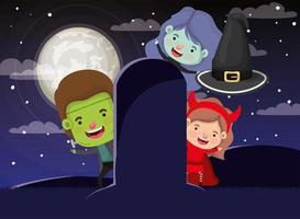 cena da temporada de halloween com crianças no cemitério vetor