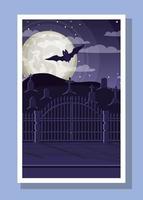 cartão da temporada de halloween com morcego voando no cemitério vetor