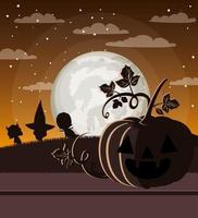 cartão da temporada de halloween com abóboras em uma cena noturna escura vetor