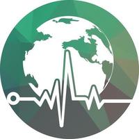ícone de design de logotipo de vetor de globo de pulso. eletrocardiograma de pulso e logotipo de vetor de ícone do globo. ícone do globo terrestre com batimento cardíaco.