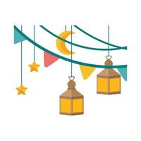 islâmico lanterna ilustração. símbolos do Ramadã mubarak, suspensão ouro lanternas, árabe lâmpadas, lanternas lua, lanterna elemento, estrela, arte, vetor e ilustração