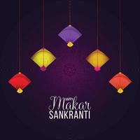 Cartaz criativo de Makar Sankranti com pipas coloridas e tambor vetor