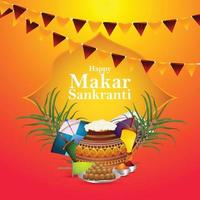 Cartaz criativo de Makar Sankranti com pipas coloridas e tambor vetor