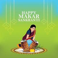 Cartaz criativo de Makar Sankranti com pipas coloridas e tambor vetor