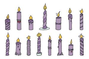 conjunto de velas de aniversário em chamas. ilustração de doodle único. clipart desenhado à mão para cartão, logotipo, design vetor