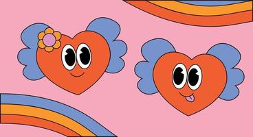 dois coração com asa e arco-íris. ilustração personagem dentro groovy desenho animado estilo. vetor