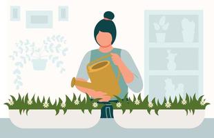 mulher rega casa plantas com rega pode Primavera vetor ilustração dentro plano estilo