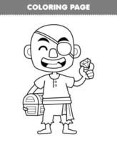 Educação jogos para crianças coloração página do fofa desenho animado Careca homem segurando Tesouro peito linha arte imprimível pirata planilha vetor