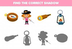 Educação jogos para crianças encontrar a corrigir sombra conjunto do fofa desenho animado bússola mulher luneta e lanterna imprimível pirata planilha vetor