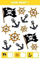Educação jogos para crianças procurando e contando quão muitos objetos do fofa desenho animado bandeira roda e âncora imprimível pirata planilha vetor