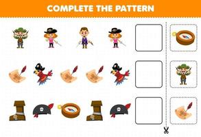Educação jogos para crianças completo a padronizar do fofa desenho animado papagaio Tesouro peito bússola bota chapéu imprimível pirata planilha vetor