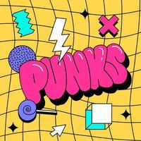 punks - anos 90 estilo legal quadrado bandeira ou cartão. vetor ilustração com 00s geométrico símbolos dentro xadrez distorcido fundo.
