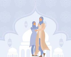 dois mulher abraçando em eid al fitr, Atividades em eid al-fitr, plano vetor moderno ilustração