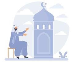 feliz Ramadã Mubarak cumprimento conceito, muçulmano pessoas com grande lanterna e crescente lua , plano vetor moderno ilustração