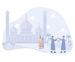 feliz eid al-fitr ilustração, tradição do eid al-fitr mexe mão e enorme cada outro, plano vetor moderno ilustração