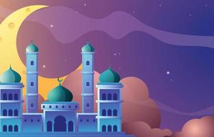 desenho animado mesquita às noite para muçulmano celebração cartão vetor