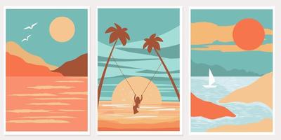 conjunto do moderno natureza cartazes com oceano, pôr do sol, Palma árvores, tropical panorama. menina em uma balanço, barco vela dentro a mar. vetor gráficos.