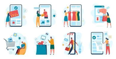 conectados compras. cliente compra com Smartphone, conectados loja Confira. Móvel aplicativo pagamento, comércio eletrônico, digital marketing conceito vetor conjunto