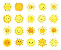 fofa Sol. desenho animado ensolarado emoji, feliz amarelo Sol personagens com sorriso, brilho do sol emoticon, engraçado kawaii vetor conjunto