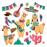 fofa lhamas. engraçado alpaca animal dentro mexicano roupas com guitarra, montanhas, cacto e festivo bandeira festão, Chile tradicional padronizar vetor conjunto
