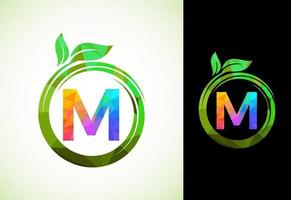 poligonal alfabeto m dentro uma espiral com verde folhas. natureza ícone placa símbolo. geométrico formas estilo logotipo Projeto para o negócio assistência médica, natureza, fazenda, e companhia identidade. vetor