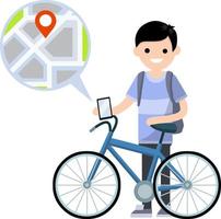 bicicleta com cara com mochila. saudável estilo de vida. desenho animado plano ilustração. urbano transporte. passatempo e esporte. cidade mapa e navegação. moderno tecnologia. jovem Garoto vetor