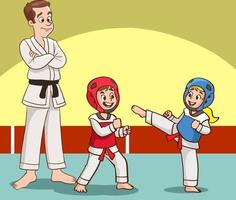 crianças dos desenhos animados treinando artes marciais em uniforme de quimono. ilustração de personagem de karatê ou taekwondo. vetor