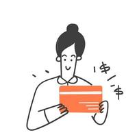 mão desenhado rabisco mulher segurando crédito cartão dinheiro ilustração vetor