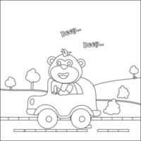 vetor desenho animado do engraçado Urso dirigindo carro dentro a estrada com Vila panorama. desenho animado isolado vetor ilustração, criativo vetor infantil Projeto para crianças atividade coloração livro ou página.