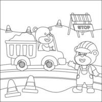 vetor ilustração do construção veículos desenho animado com engraçado motoristas em a estrada, infantil Projeto para crianças atividade coloração livro ou página.