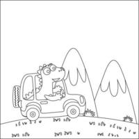 fofa dinossauro dirigindo uma carro ir para floresta engraçado animal desenho animado. infantil Projeto para crianças atividade coloração livro ou página. vetor